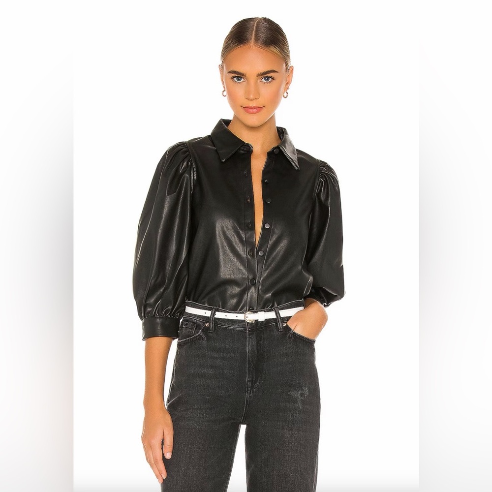 Pistola Adina Black Puff Sleeve Black Faux Leather Blouse